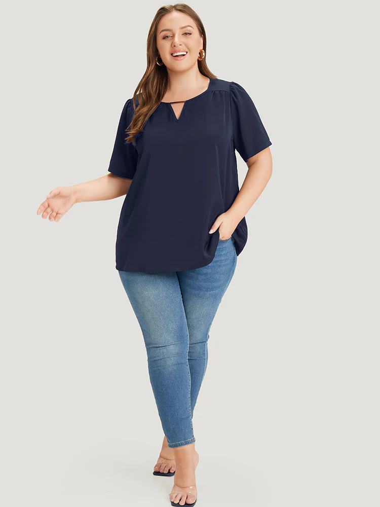 Anti-Wrinkle Plain Metal Detail Keyhole Neck  Blouse - Image 3