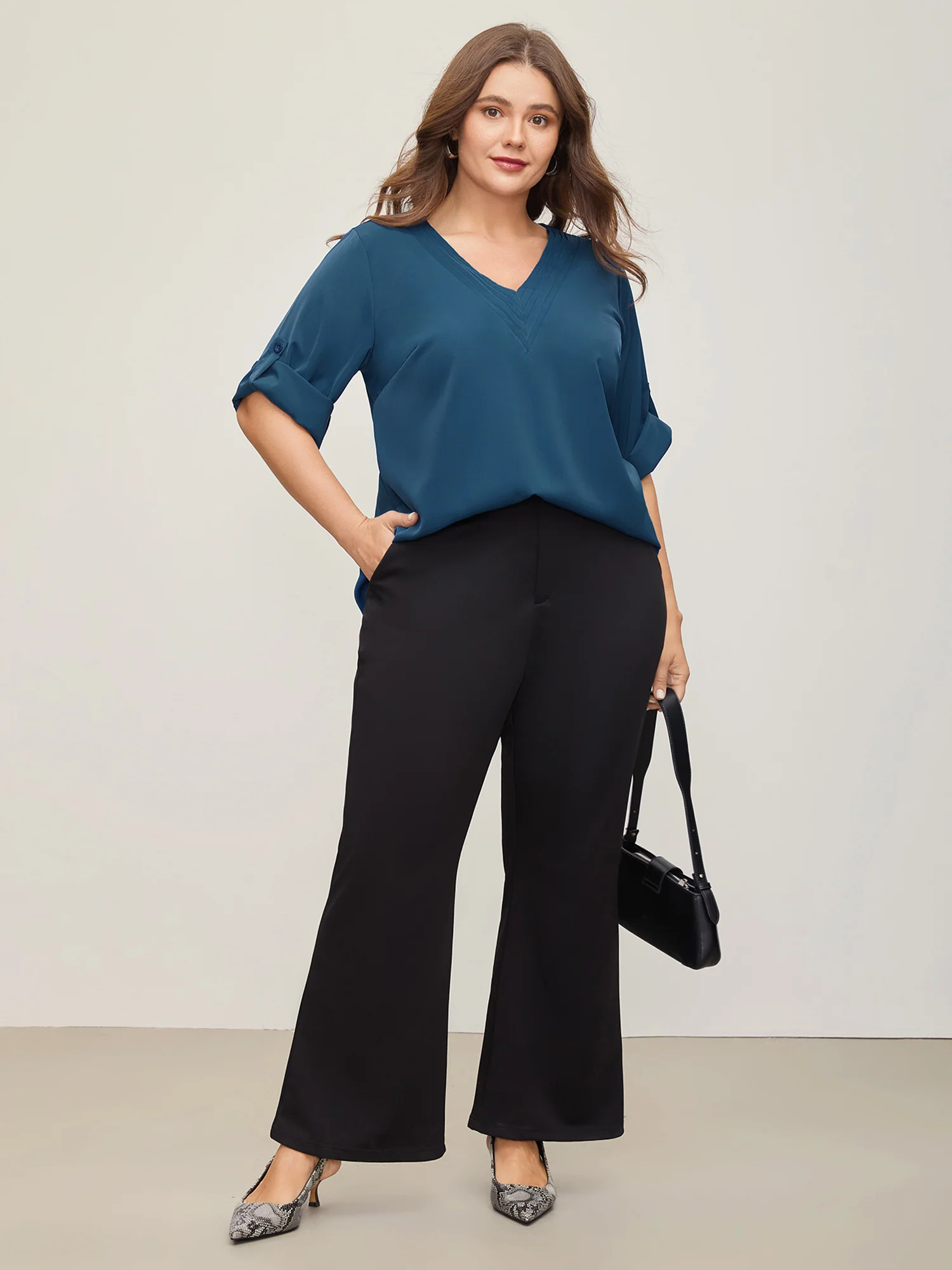 V Neck Plain Pleated Tab Sleeve Blouse - Image 11