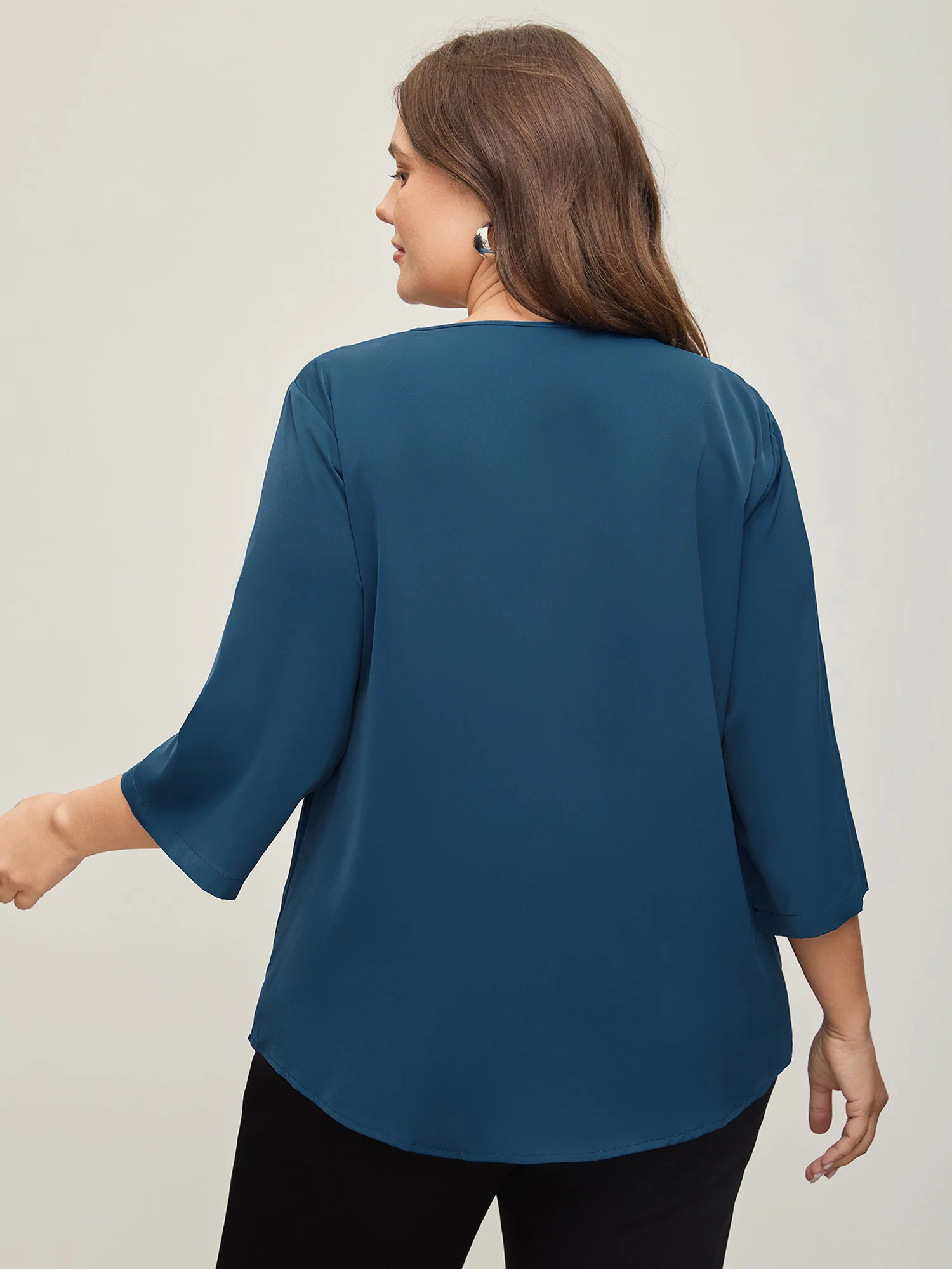 V Neck Plain Pleated Tab Sleeve Blouse - Image 12
