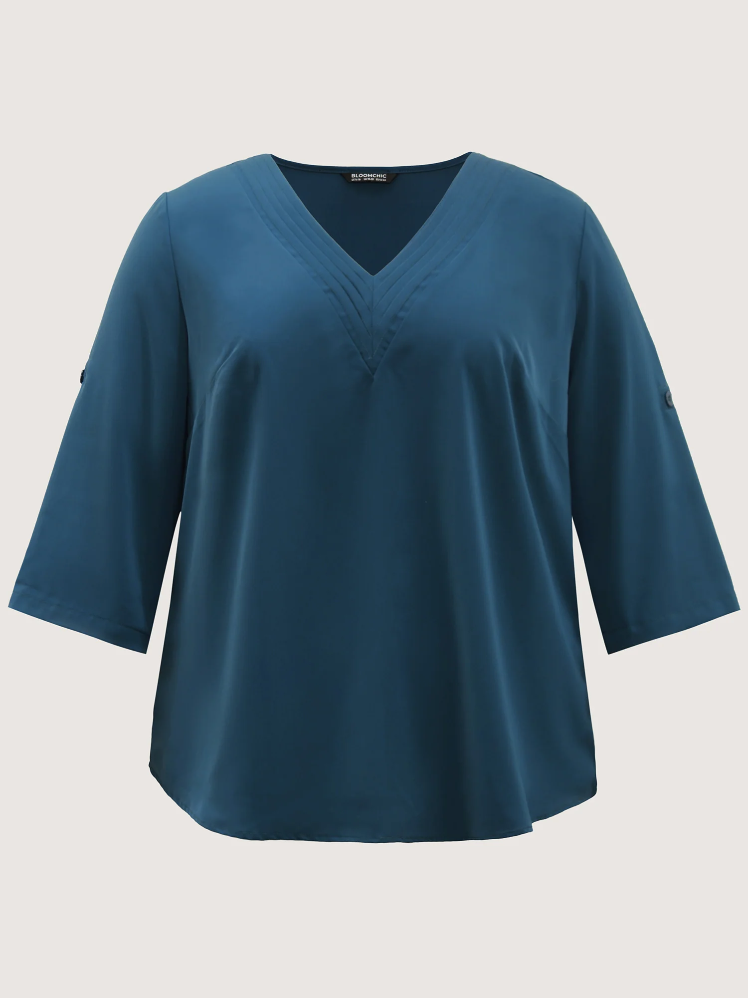 V Neck Plain Pleated Tab Sleeve Blouse - Image 13