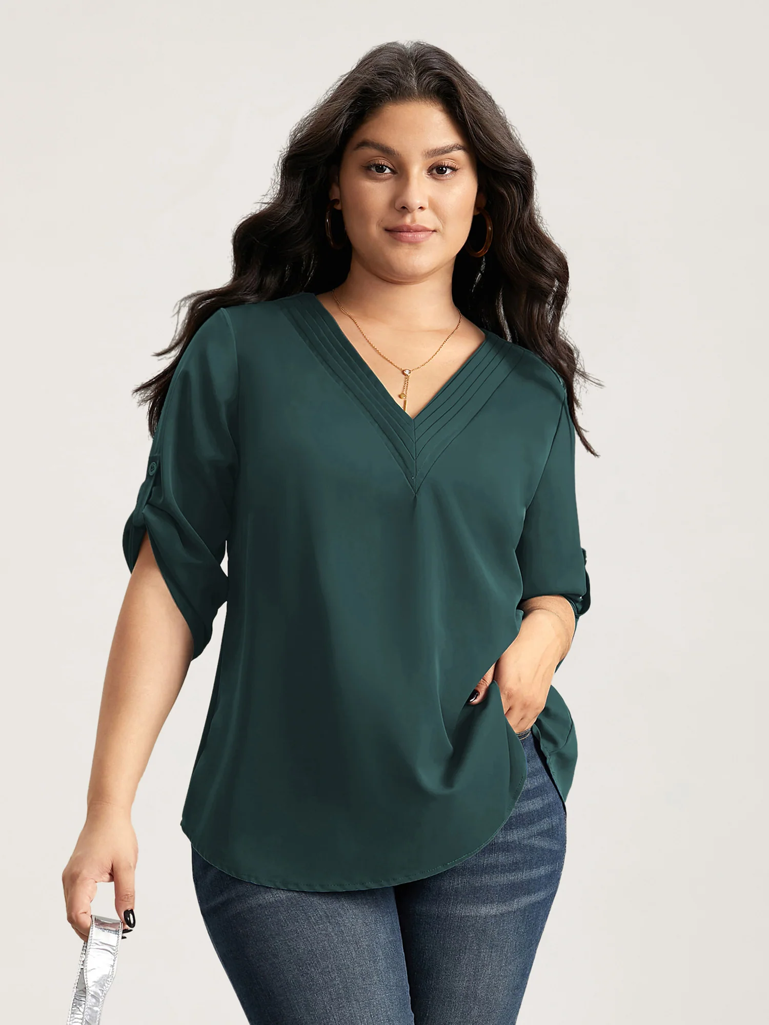 V Neck Plain Pleated Tab Sleeve Blouse - Image 14