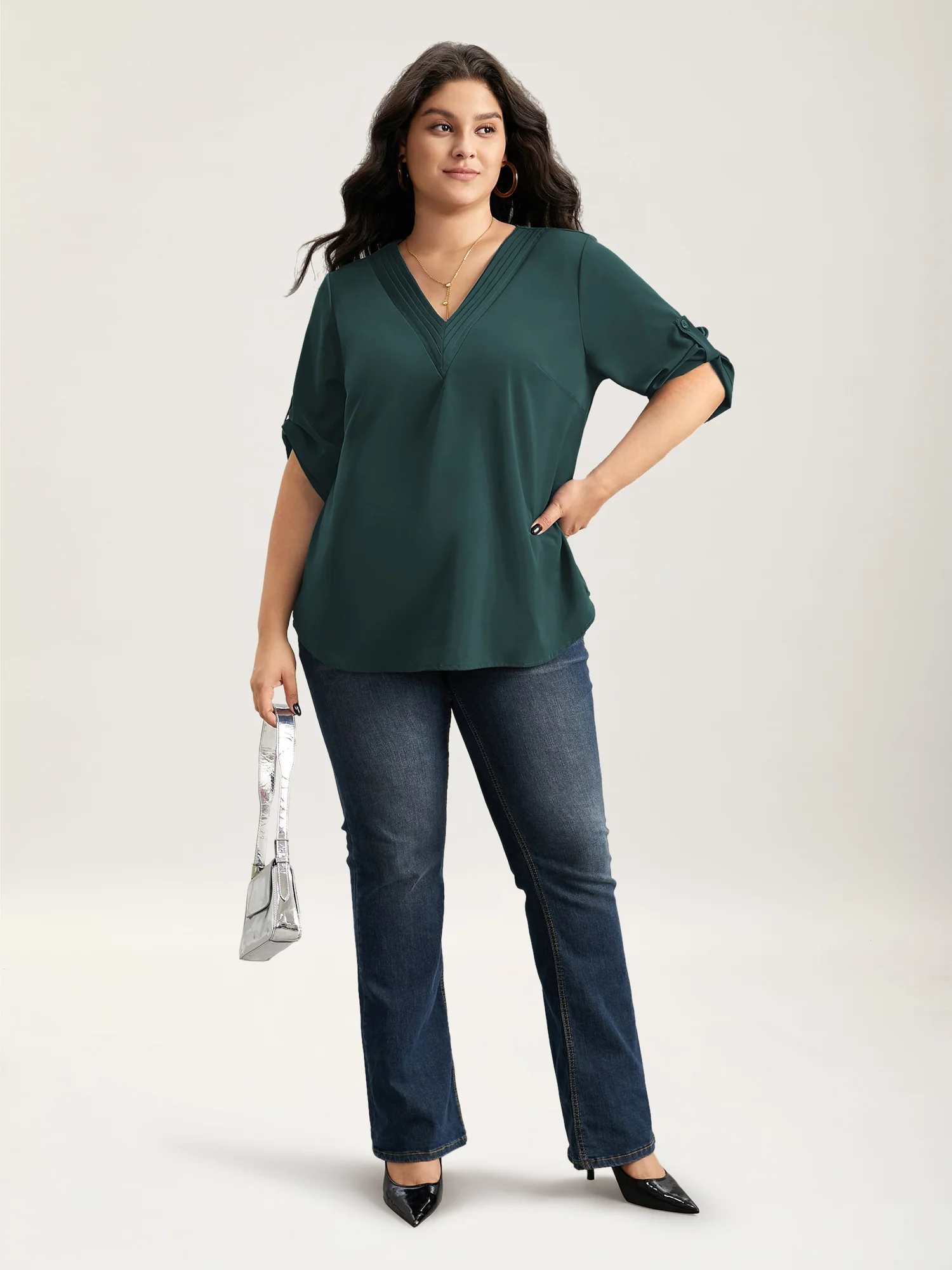 V Neck Plain Pleated Tab Sleeve Blouse - Image 15