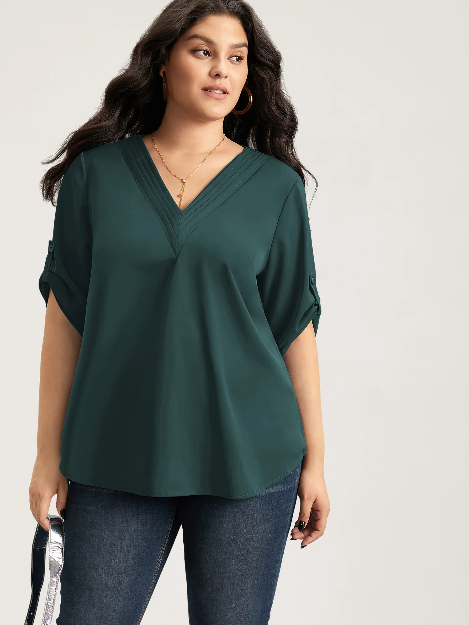 V Neck Plain Pleated Tab Sleeve Blouse - Image 16