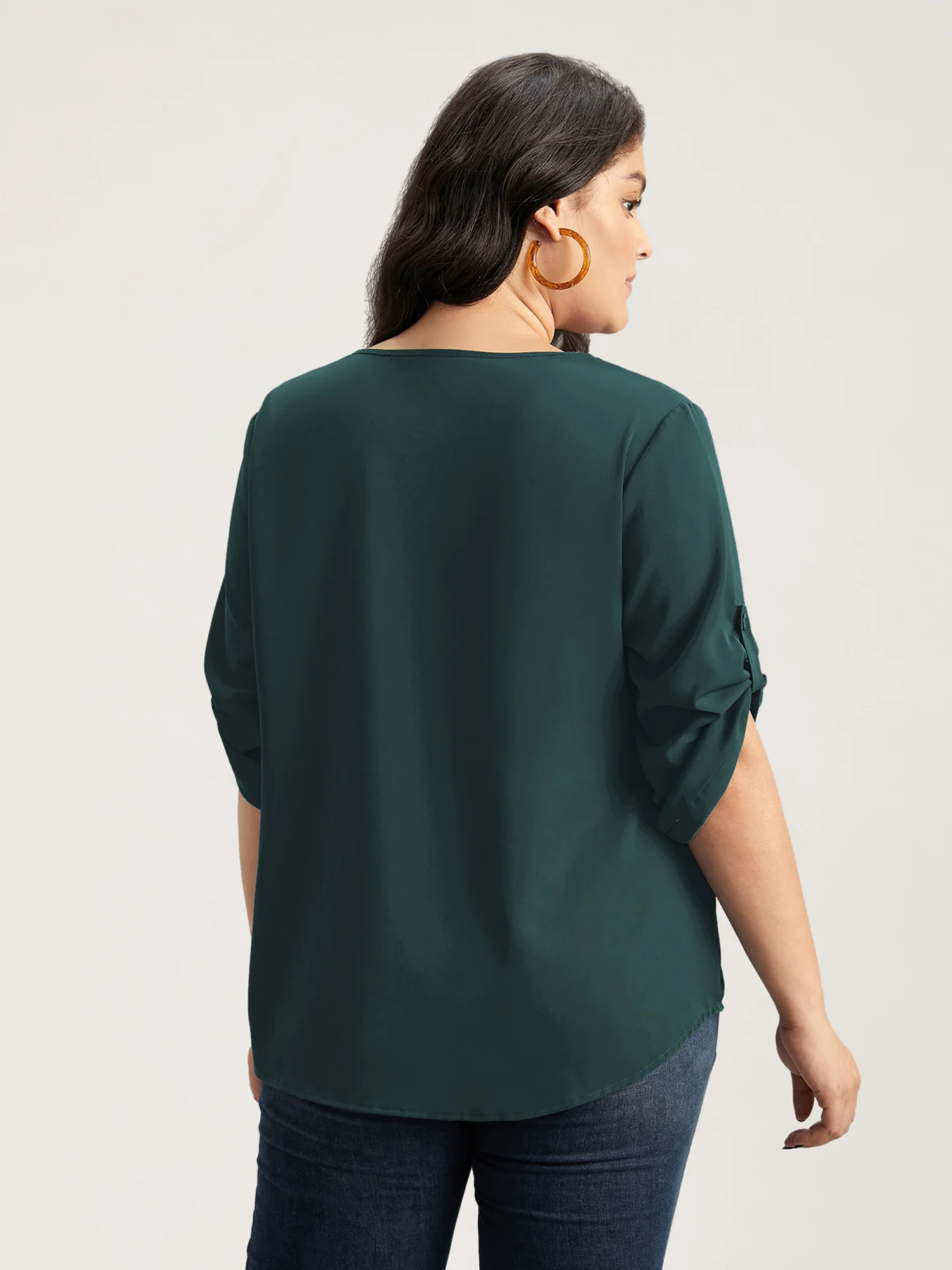 V Neck Plain Pleated Tab Sleeve Blouse - Image 17