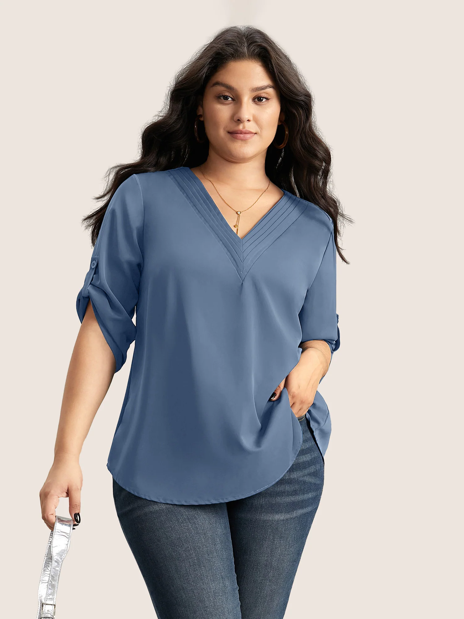 V Neck Plain Pleated Tab Sleeve Blouse - Image 5