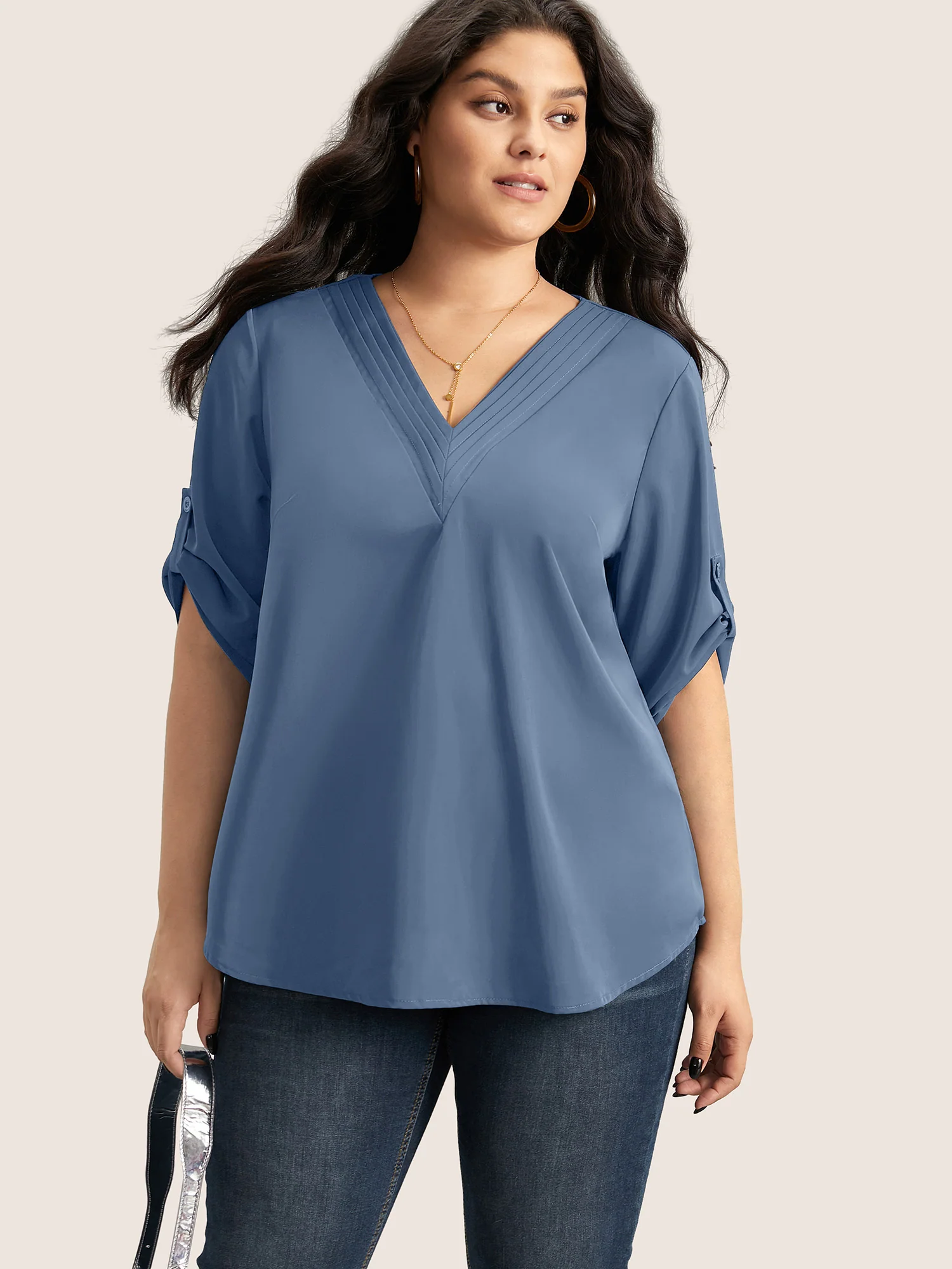 V Neck Plain Pleated Tab Sleeve Blouse - Image 6