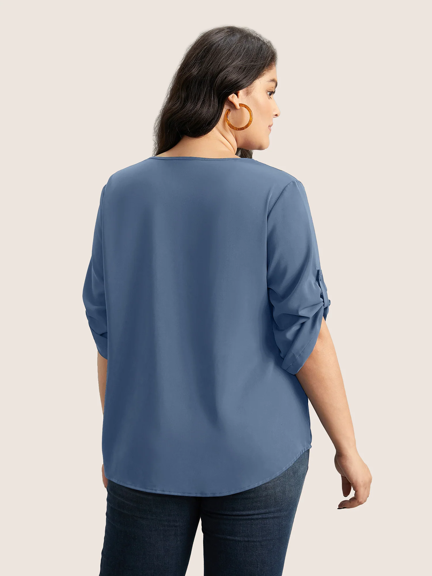 V Neck Plain Pleated Tab Sleeve Blouse - Image 7