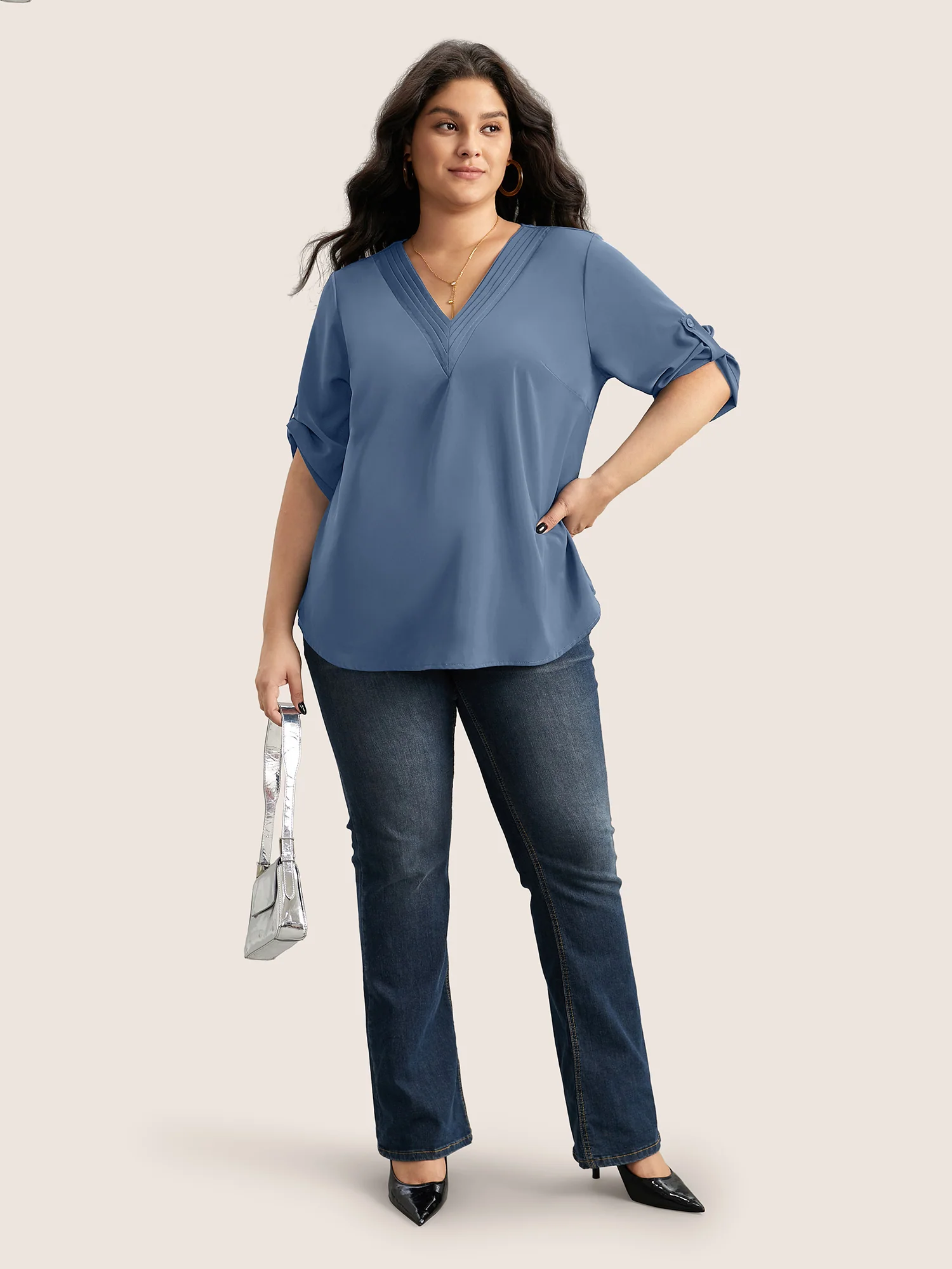 V Neck Plain Pleated Tab Sleeve Blouse - Image 8