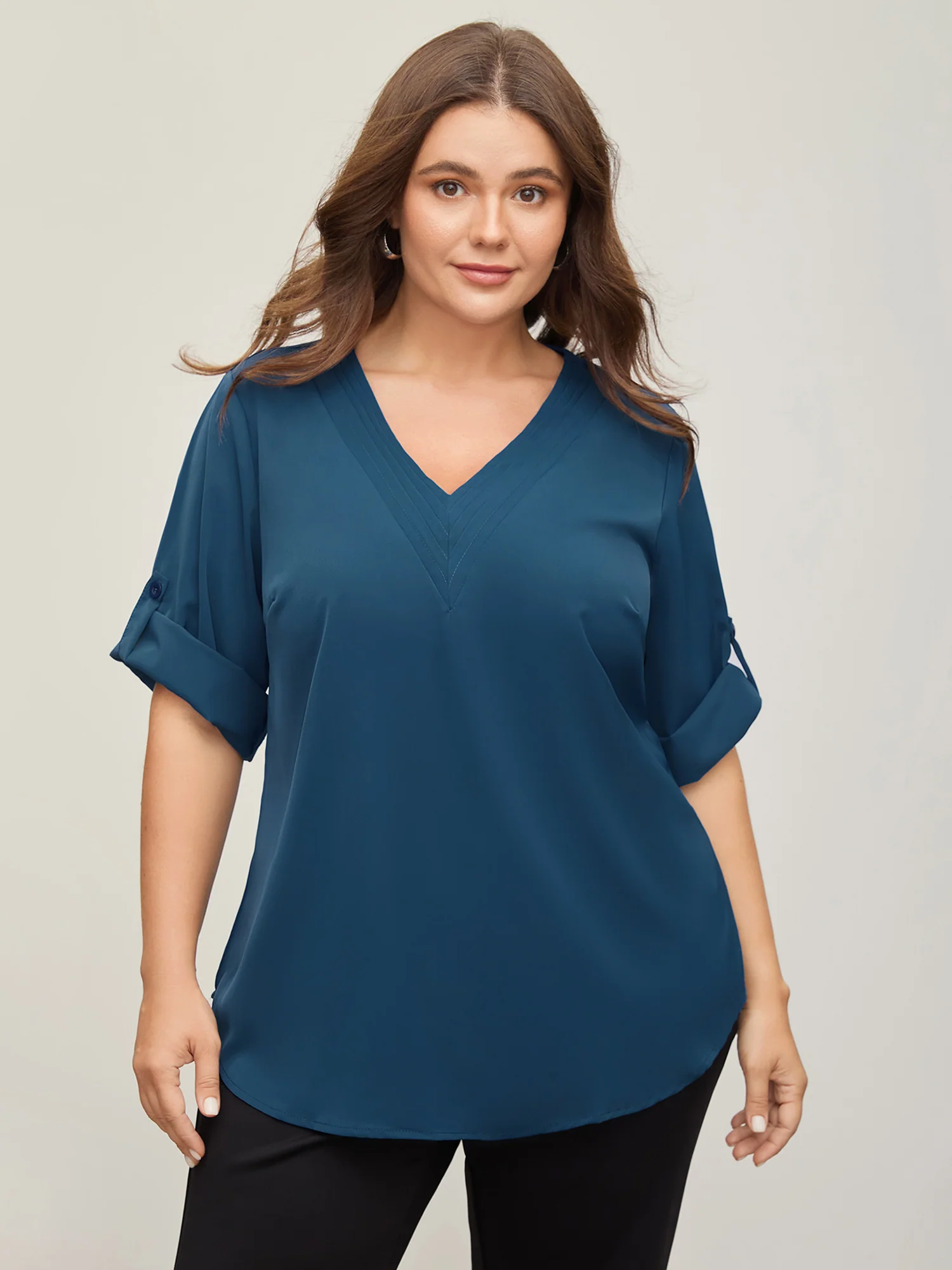 V Neck Plain Pleated Tab Sleeve Blouse - Image 9