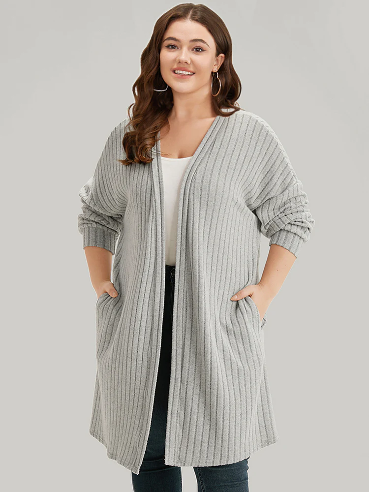 Plain Pocket Texture Open Front Kimono - Image 2