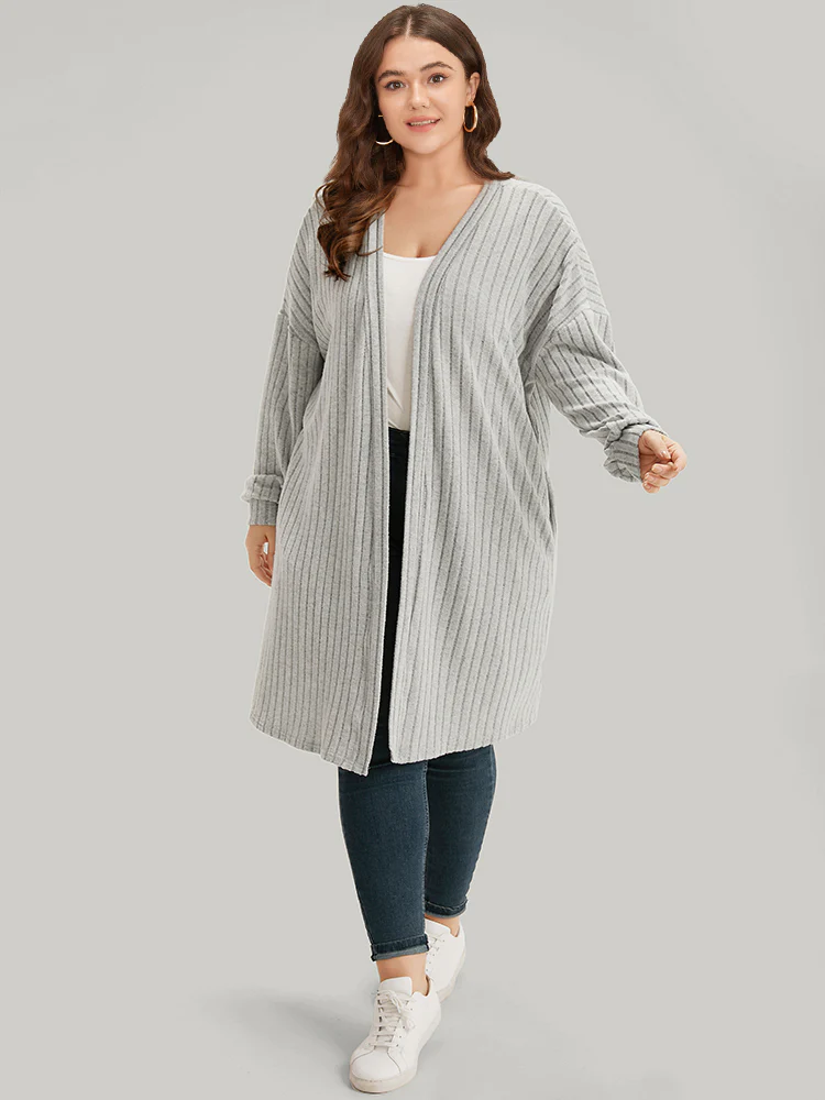 Plain Pocket Texture Open Front Kimono - Image 3