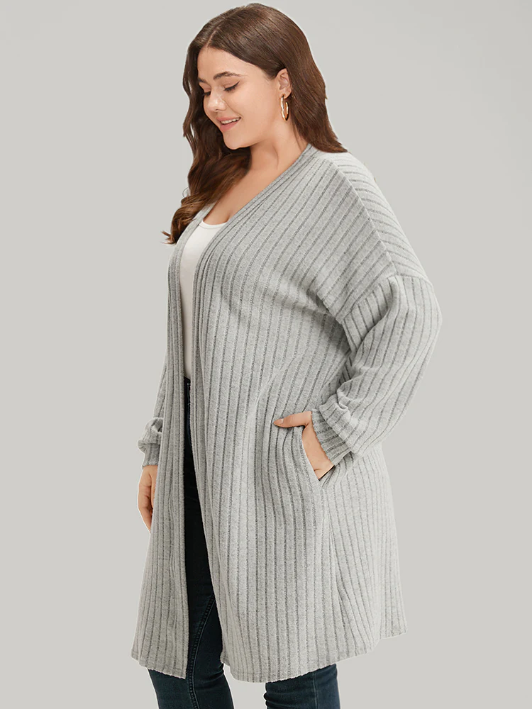 Plain Pocket Texture Open Front Kimono - Image 4