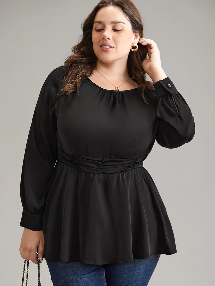 Anti-Wrinkle Plain Ruched Elastic Waist Blouse - Image 2
