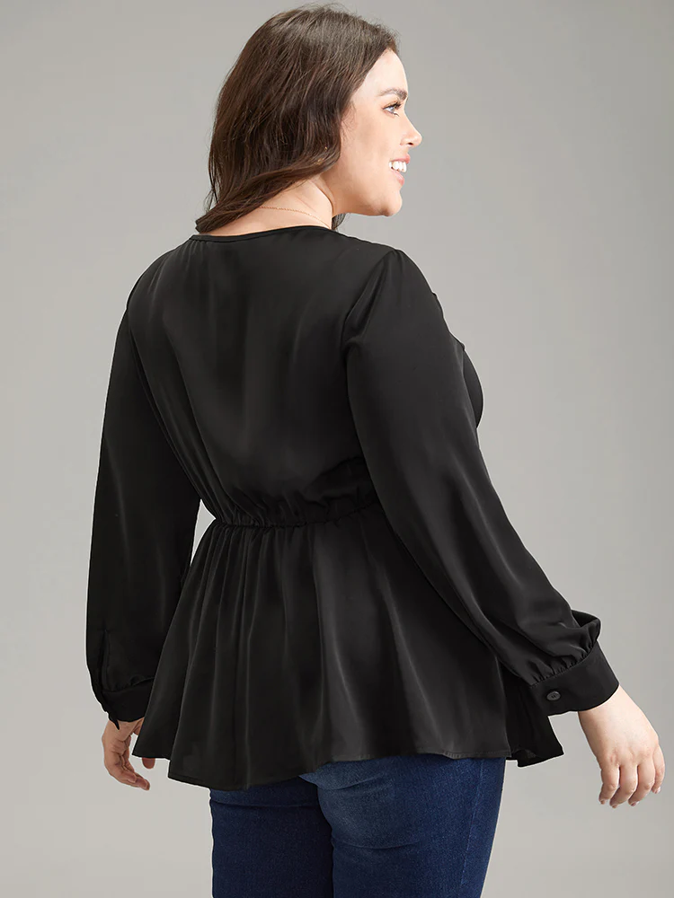 Anti-Wrinkle Plain Ruched Elastic Waist Blouse - Image 3