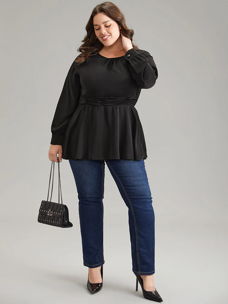 Anti-Wrinkle Plain Ruched Elastic Waist Blouse - Image 4