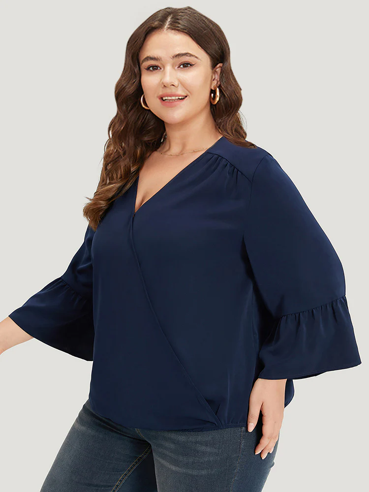 Anti-Wrinkle Plain Surplice Neck Bell Sleeve Blouse - Image 2
