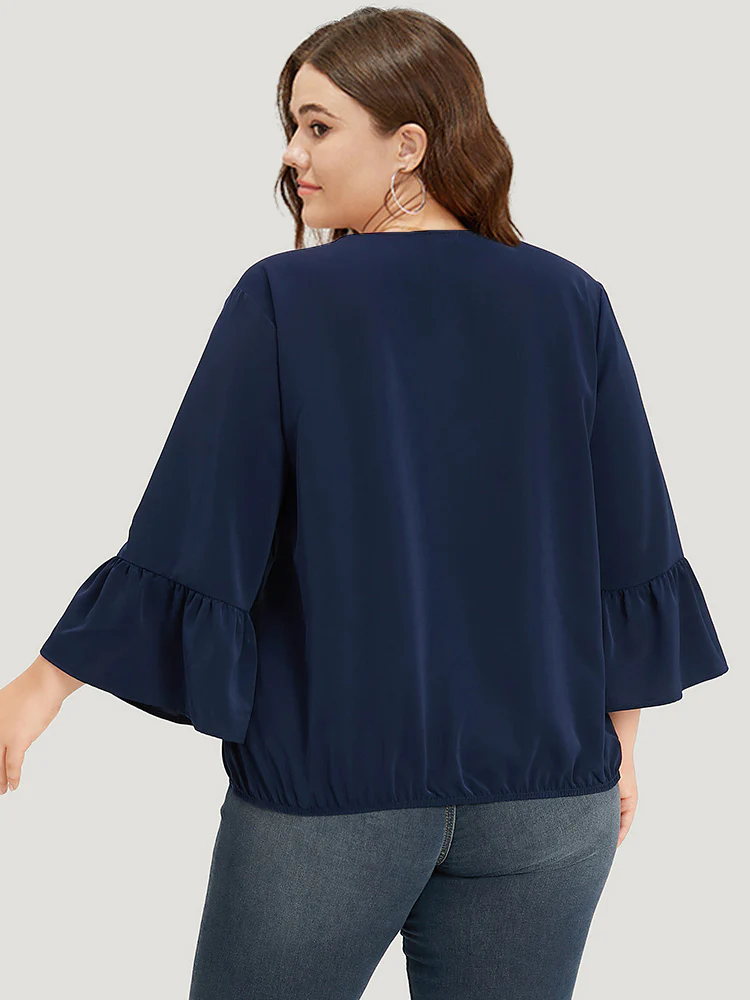 Anti-Wrinkle Plain Surplice Neck Bell Sleeve Blouse - Image 3