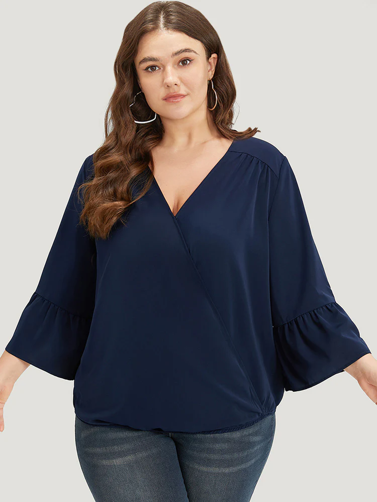 Anti-Wrinkle Plain Surplice Neck Bell Sleeve Blouse - Image 4
