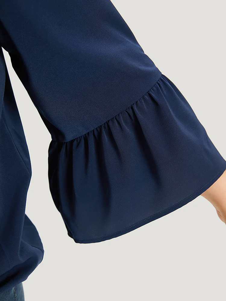 Anti-Wrinkle Plain Surplice Neck Bell Sleeve Blouse - Image 7