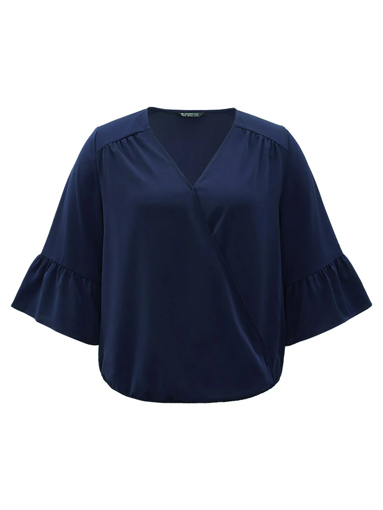 Anti-Wrinkle Plain Surplice Neck Bell Sleeve Blouse - Image 8
