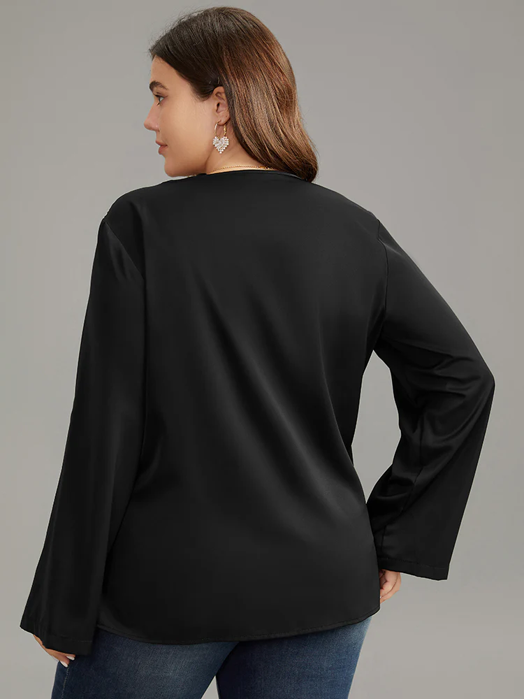 Plain Tab Sleeve Wrap Pleated Blouse - Image 2