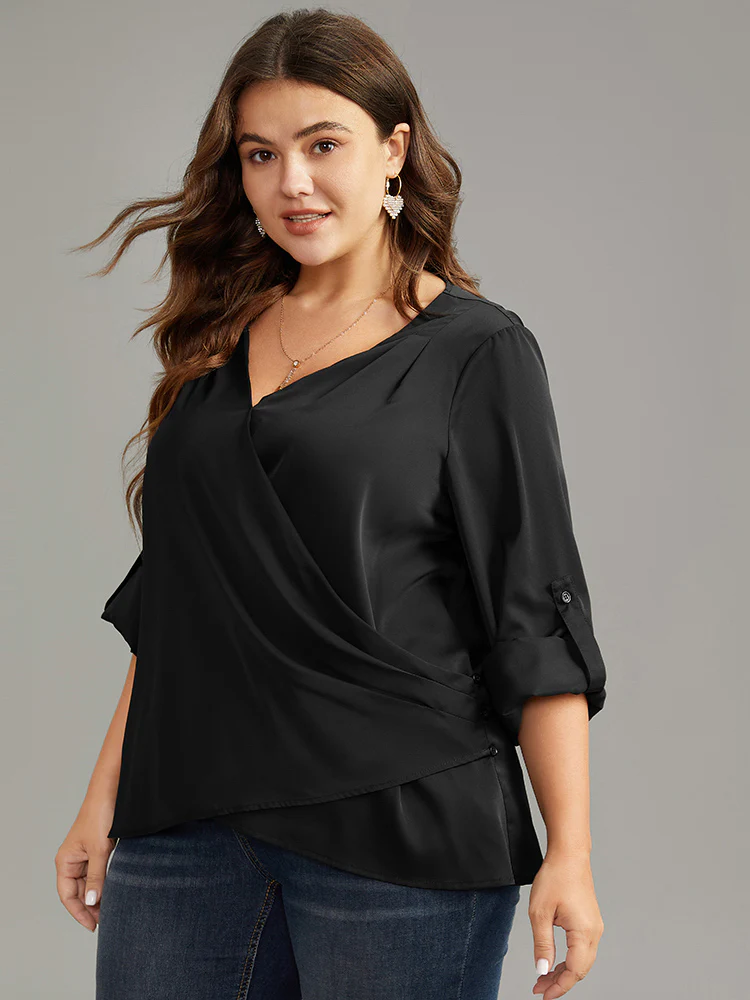 Plain Tab Sleeve Wrap Pleated Blouse - Image 3