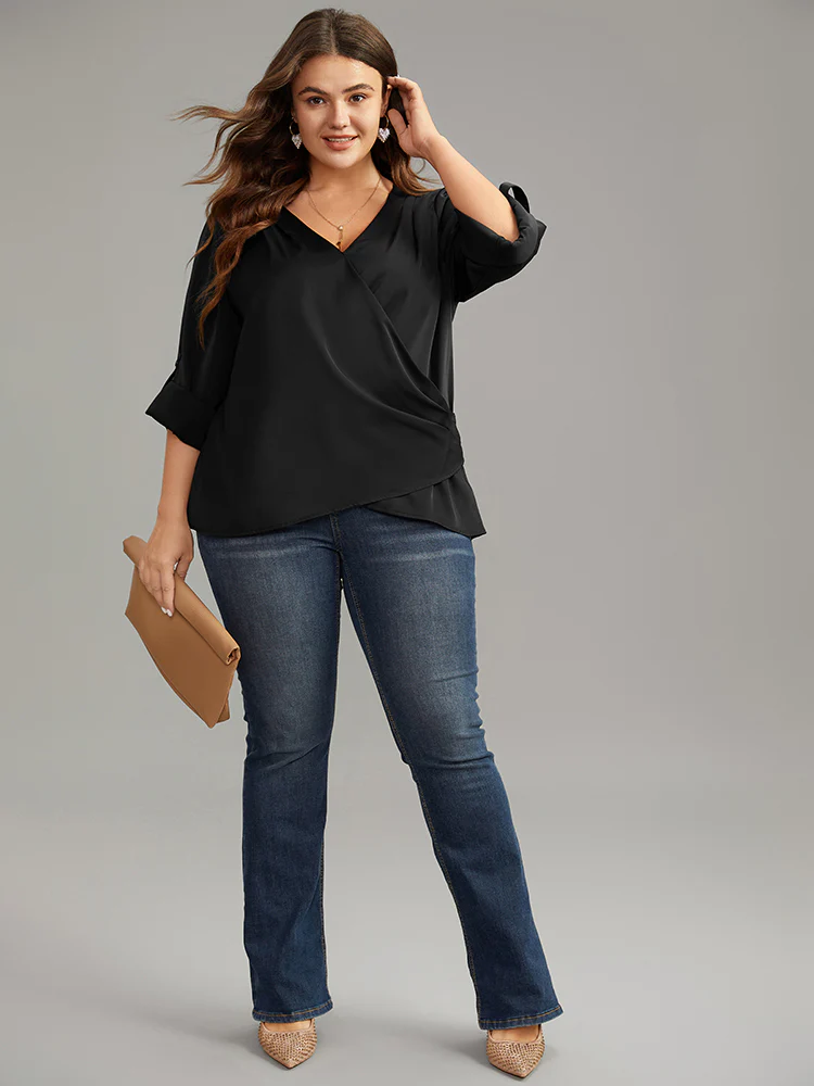 Plain Tab Sleeve Wrap Pleated Blouse - Image 4