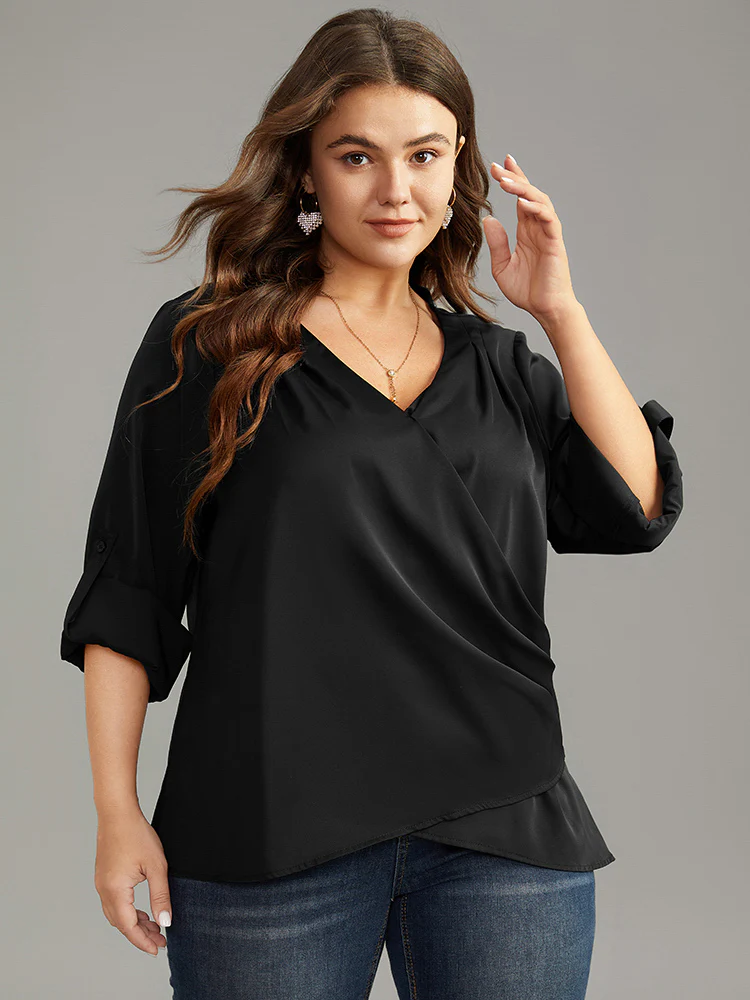 Plain Tab Sleeve Wrap Pleated Blouse - Image 5