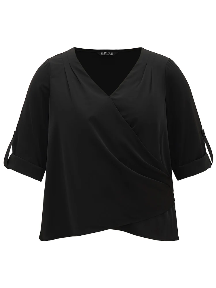 Plain Tab Sleeve Wrap Pleated Blouse - Image 9