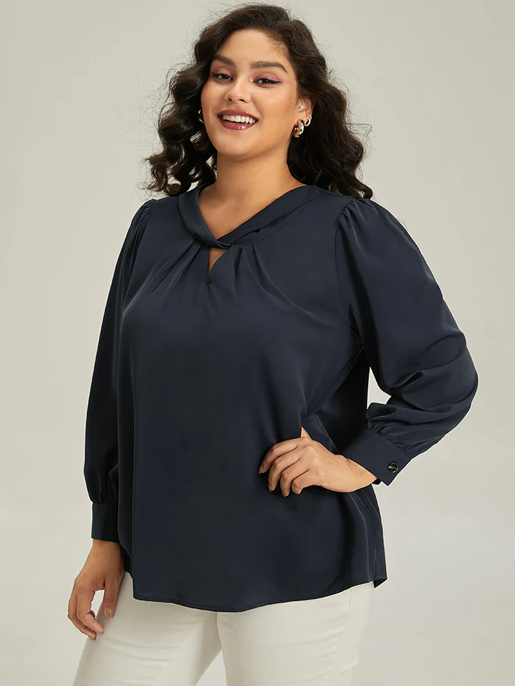Plain Twist Neck Keyhole Lantern Sleeve Blouse - Image 2