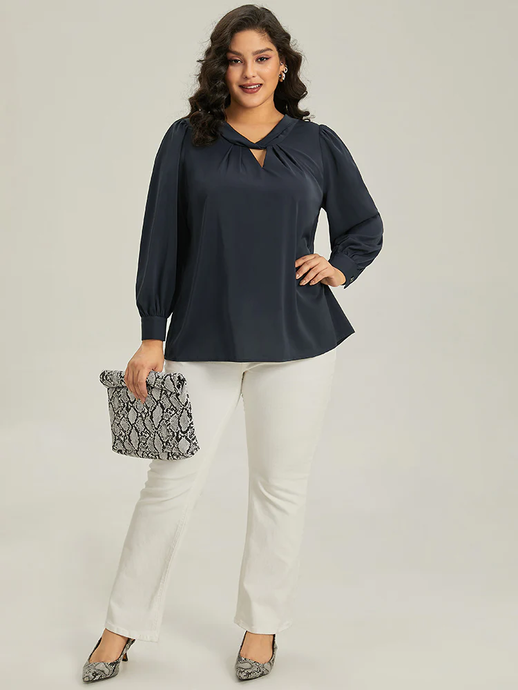 Plain Twist Neck Keyhole Lantern Sleeve Blouse - Image 3