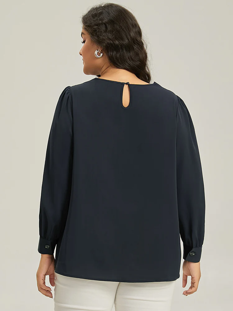 Plain Twist Neck Keyhole Lantern Sleeve Blouse - Image 4
