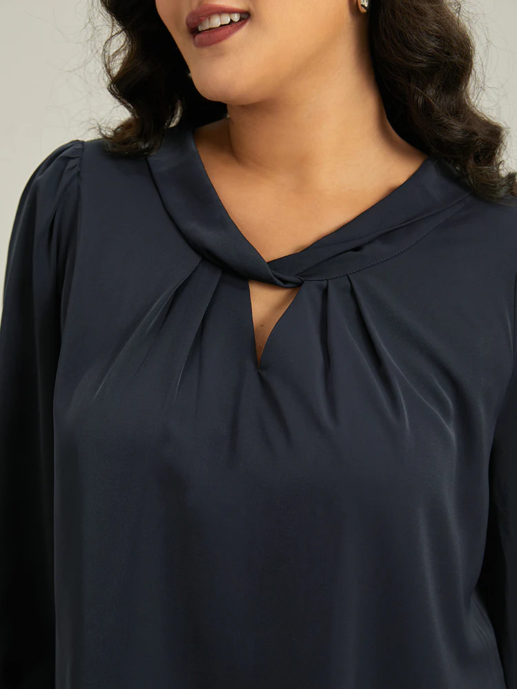 Plain Twist Neck Keyhole Lantern Sleeve Blouse - Image 5