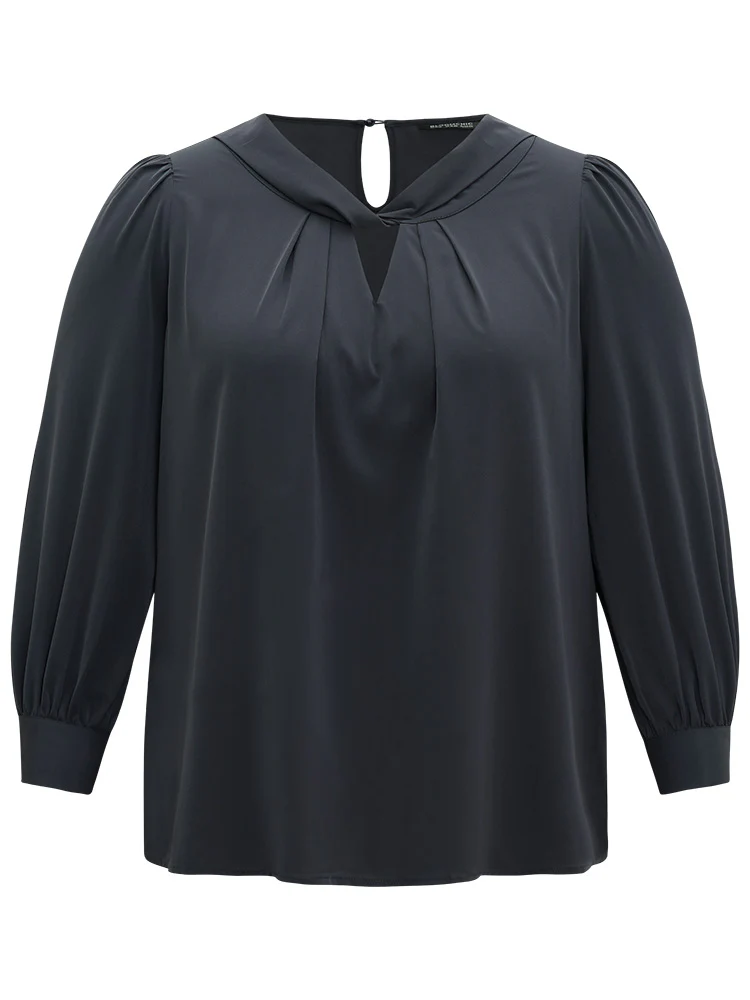 Plain Twist Neck Keyhole Lantern Sleeve Blouse - Image 7