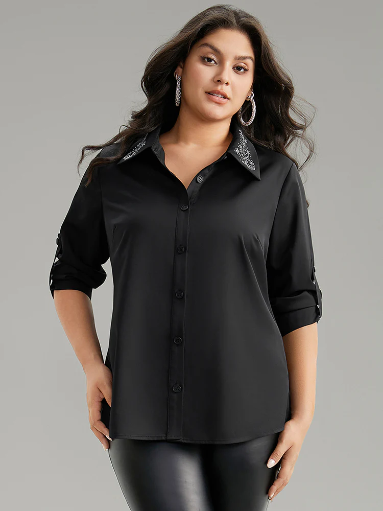 Rhinestone Button Up Tab Sleeve Blouse