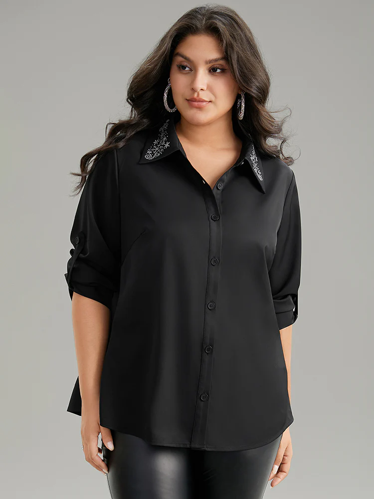 Rhinestone Button Up Tab Sleeve Blouse - Image 3