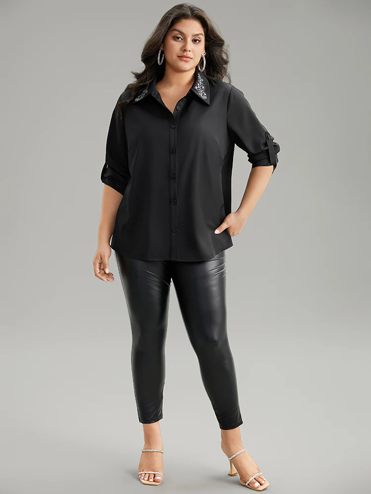 Rhinestone Button Up Tab Sleeve Blouse - Image 4