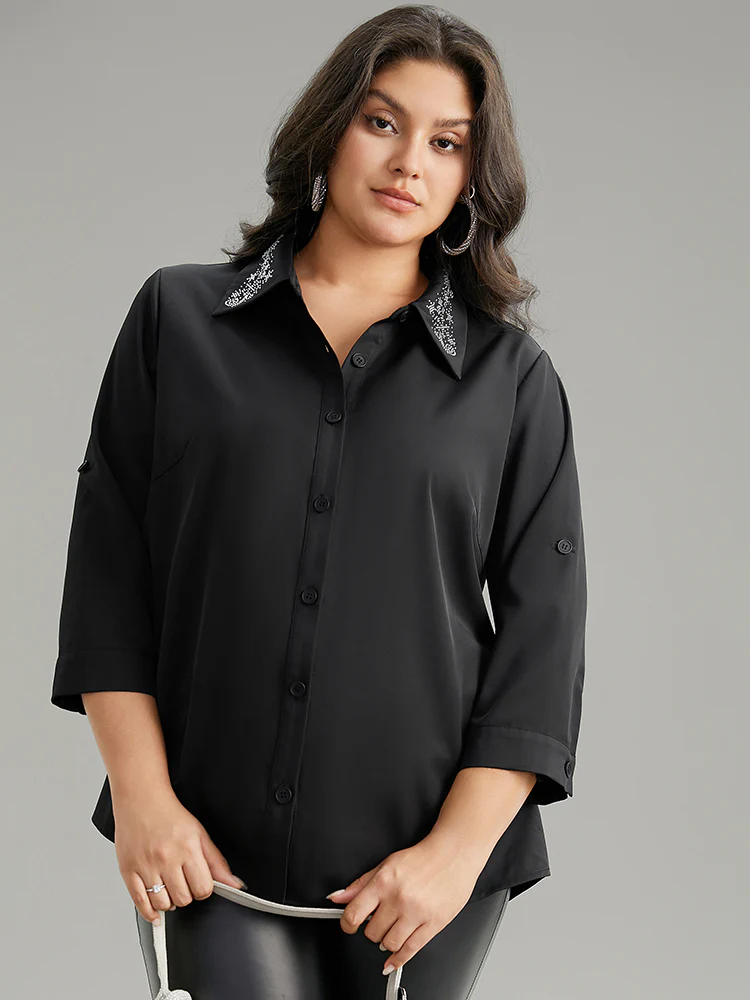 Rhinestone Button Up Tab Sleeve Blouse - Image 5