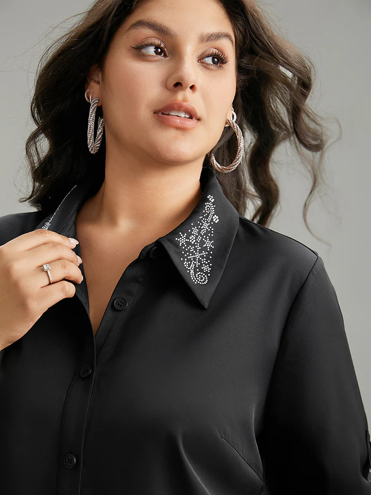 Rhinestone Button Up Tab Sleeve Blouse - Image 6