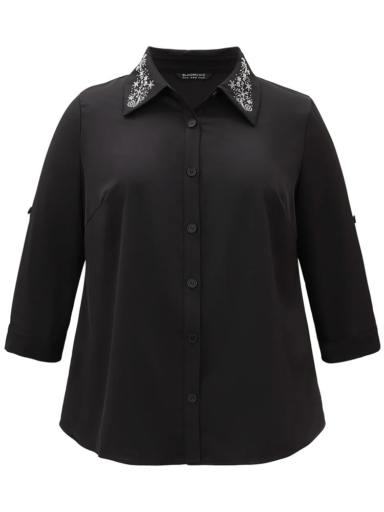 Rhinestone Button Up Tab Sleeve Blouse - Image 7