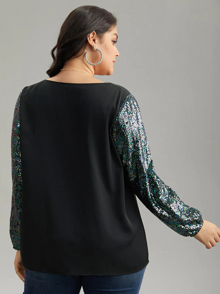 Sequin Patchwork V Neck Blouse - Image 2