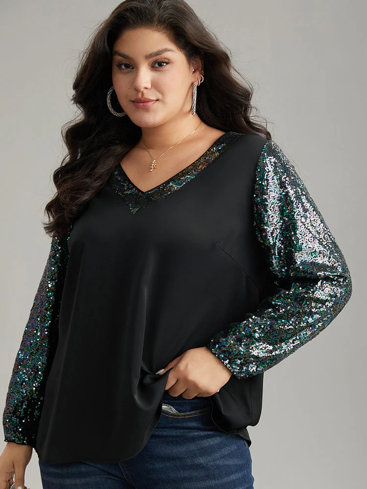 Sequin Patchwork V Neck Blouse - Image 3