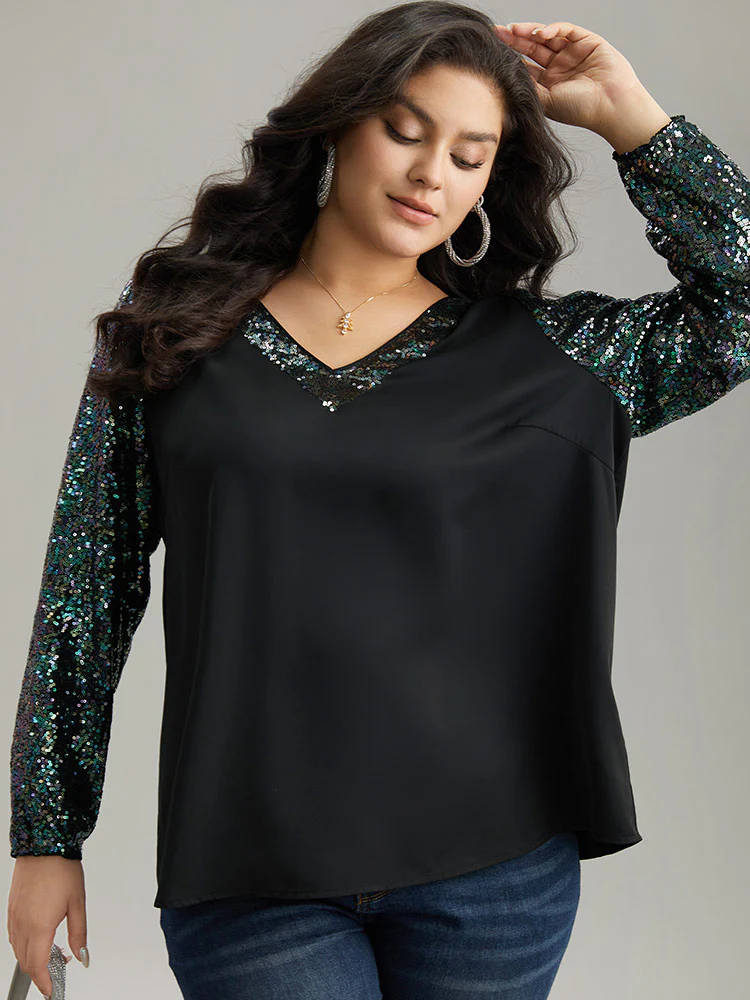 Sequin Patchwork V Neck Blouse - Image 5