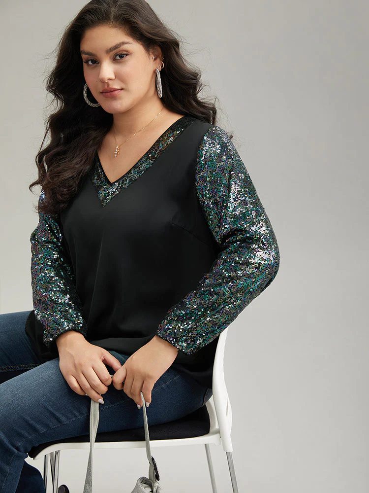 Sequin Patchwork V Neck Blouse - Image 6