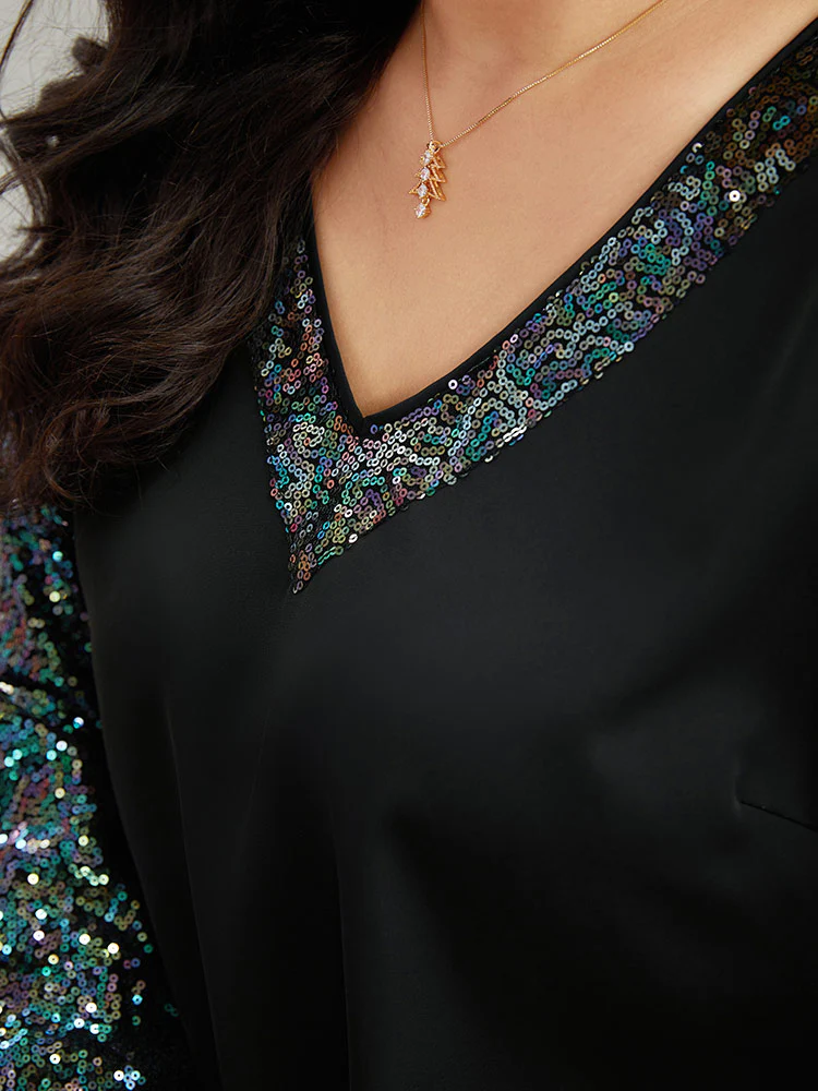 Sequin Patchwork V Neck Blouse - Image 7