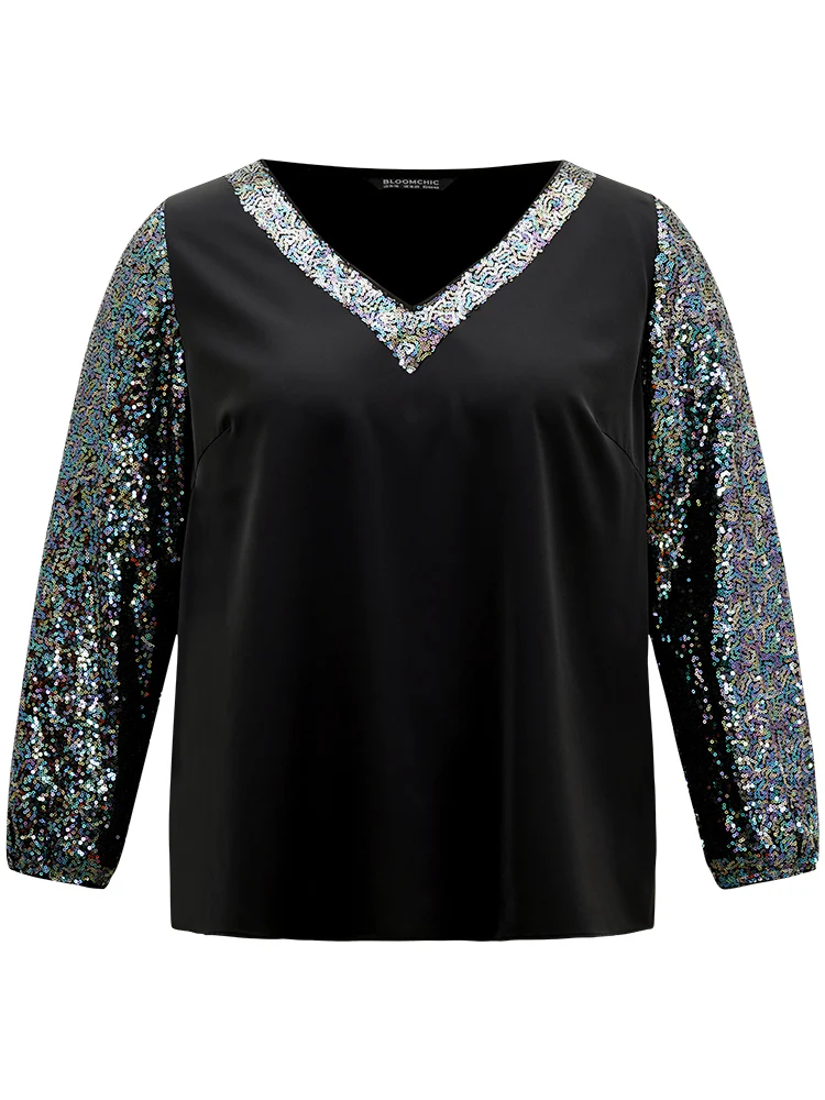 Sequin Patchwork V Neck Blouse - Image 9