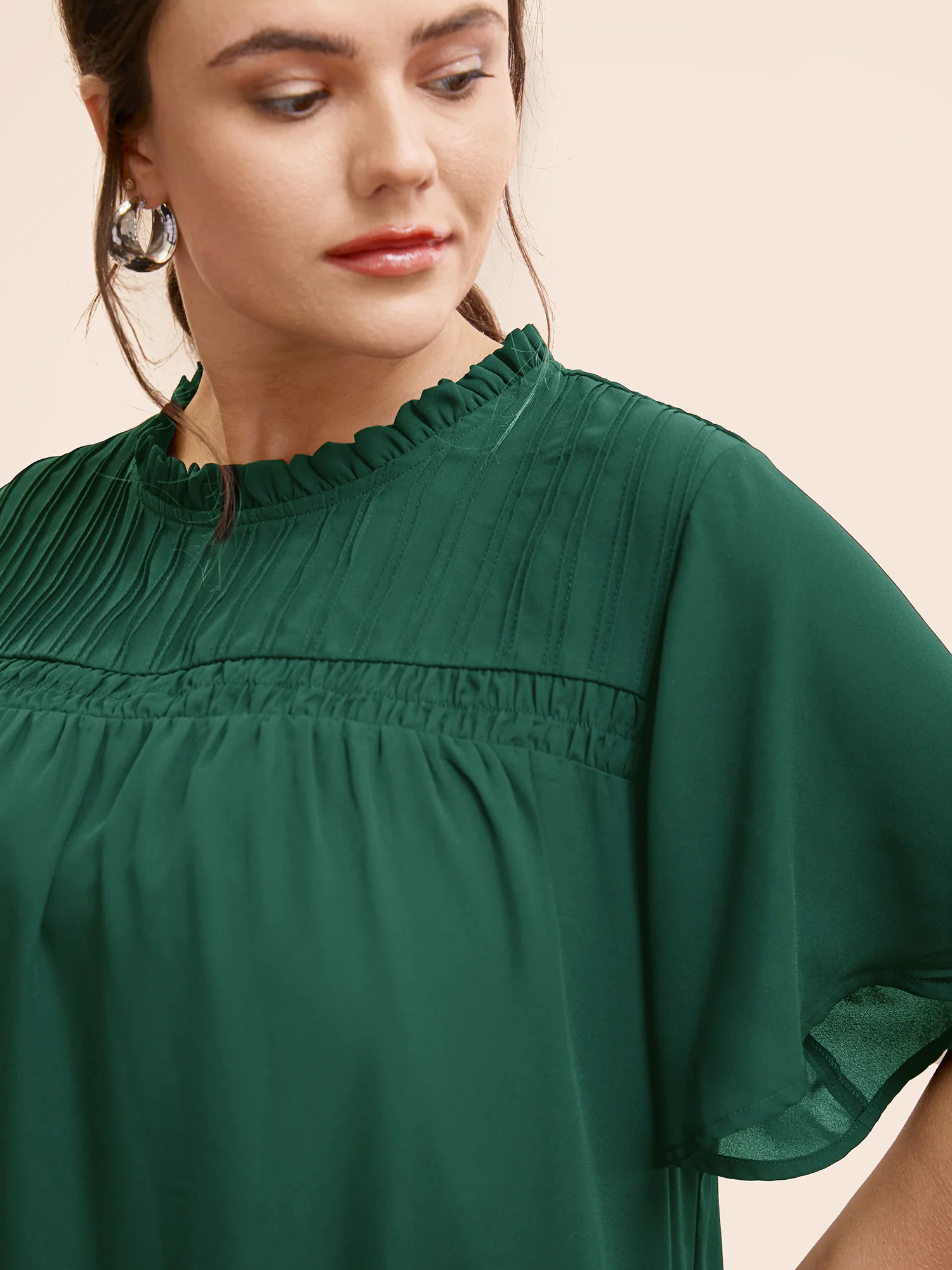 Anti-Wrinkle Shirred Ruffle Sleeve Mesh Frill Trim Blouse - Image 10