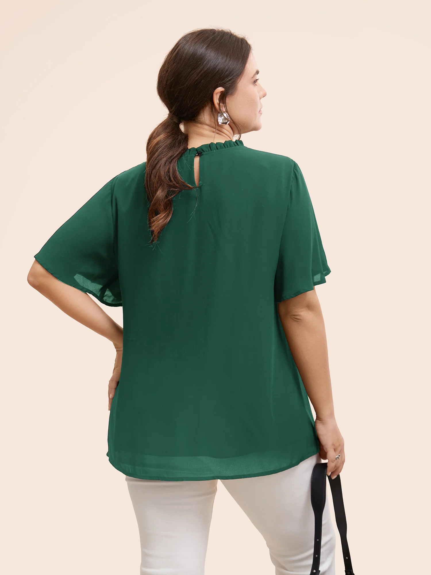 Anti-Wrinkle Shirred Ruffle Sleeve Mesh Frill Trim Blouse - Image 11