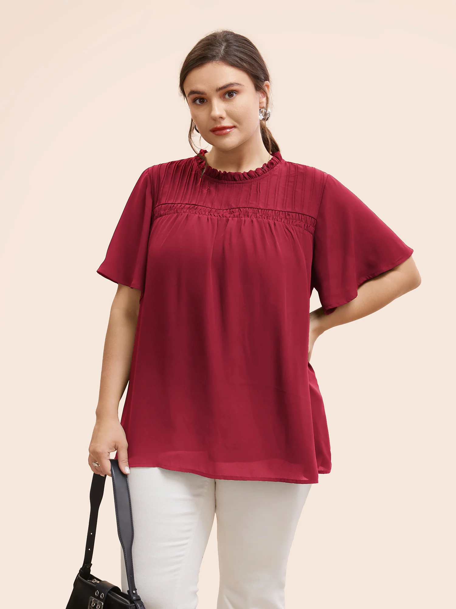 Anti-Wrinkle Shirred Ruffle Sleeve Mesh Frill Trim Blouse - Image 12