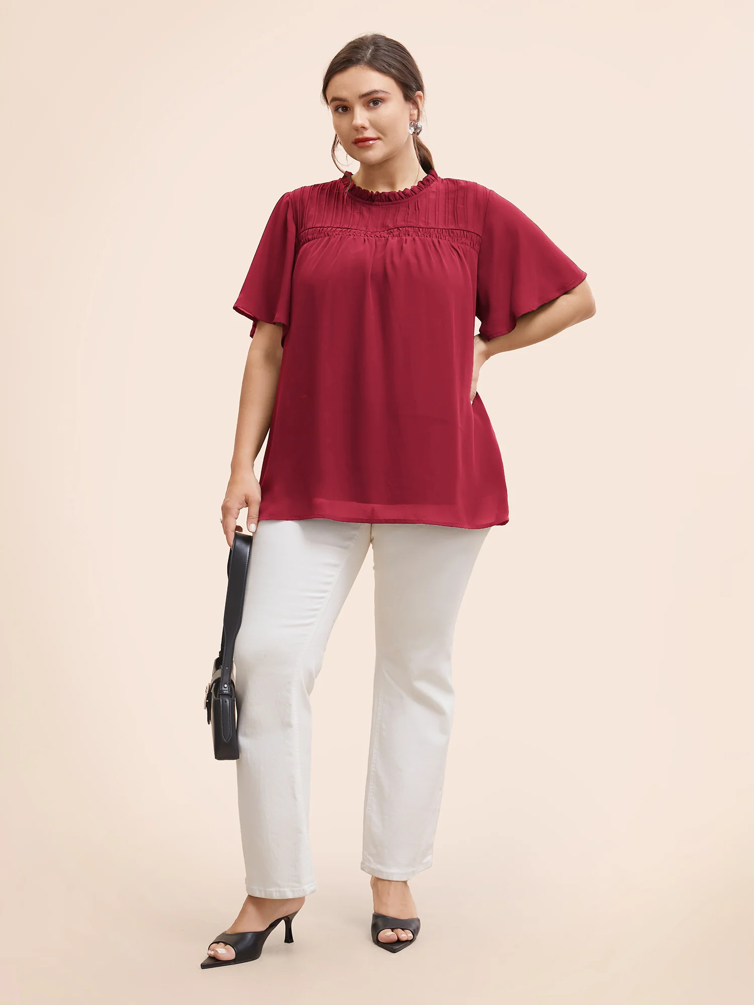 Anti-Wrinkle Shirred Ruffle Sleeve Mesh Frill Trim Blouse - Image 13